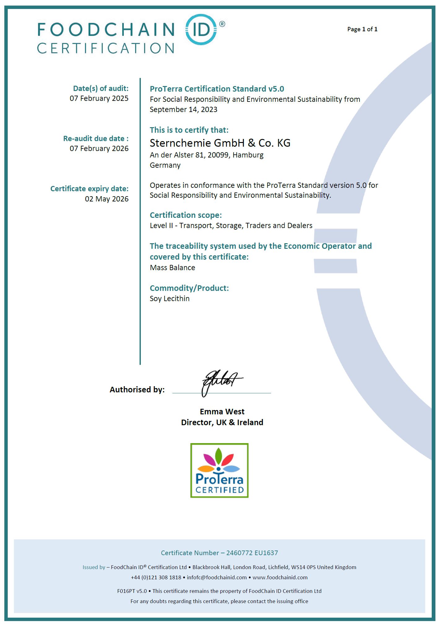 Sternchemie ProTerra Certificate Sternchemie ProTerra Certificate